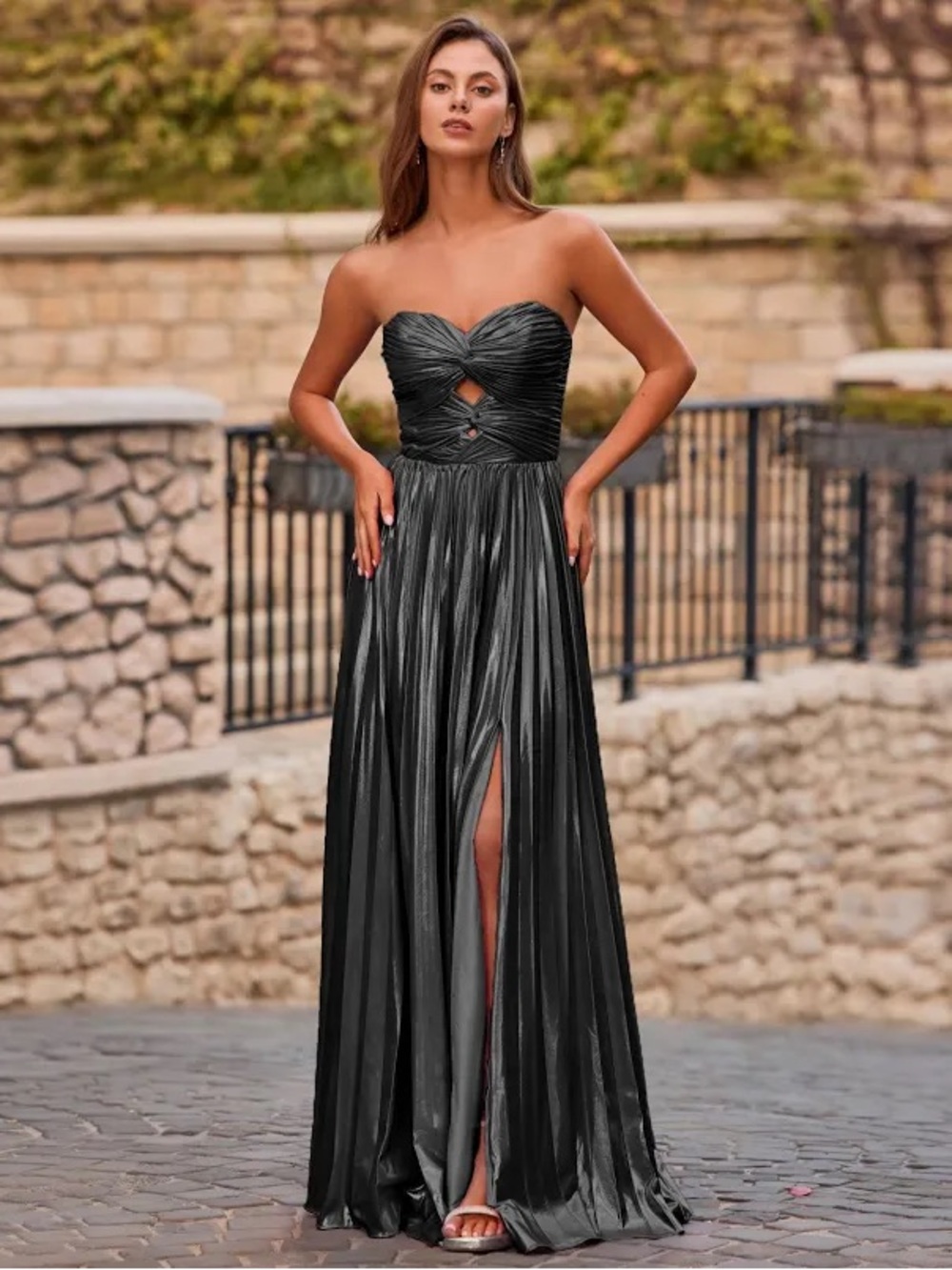 Strapless Black Evening Gown with Twisted Bodice and High Slit